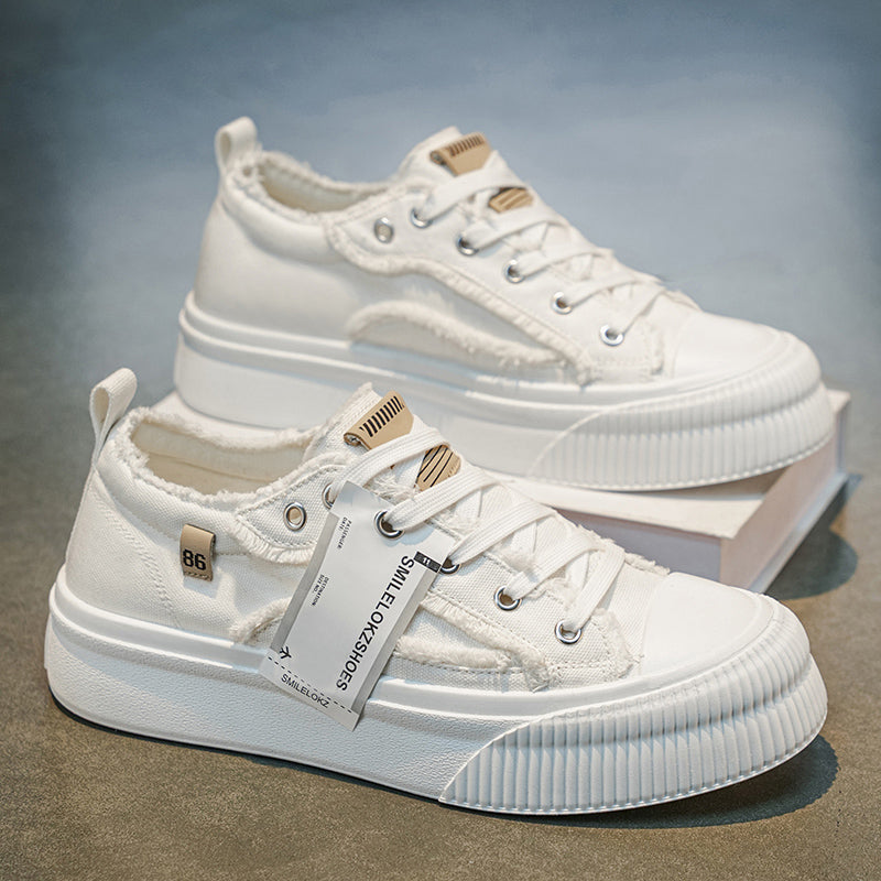 Women’s Platform Canvas Sneakers – Frayed Denim Style Casual Lace-Up Shoes