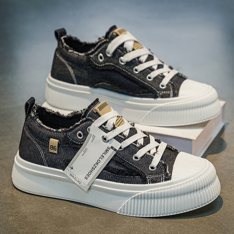 Women’s Platform Canvas Sneakers – Frayed Denim Style Casual Lace-Up Shoes