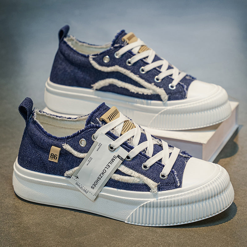 Women’s Platform Canvas Sneakers – Frayed Denim Style Casual Lace-Up Shoes